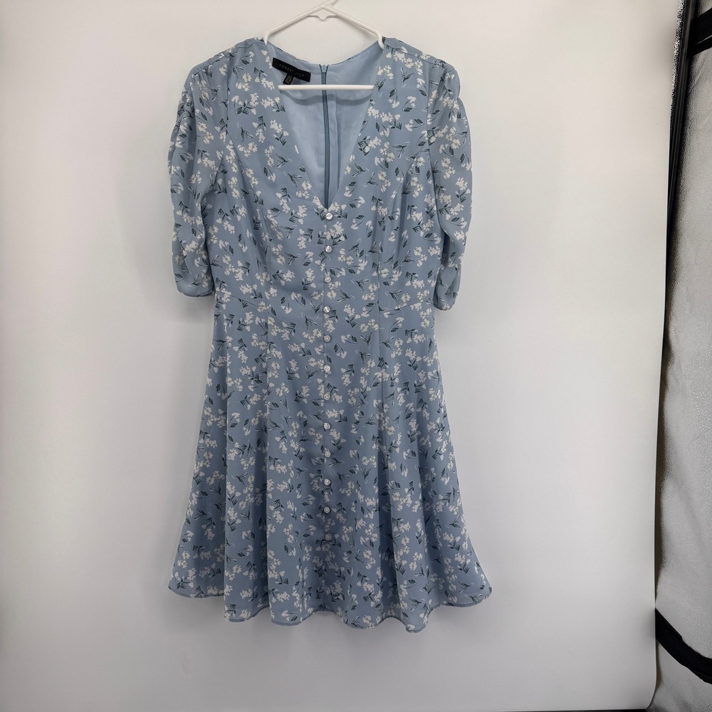 Forest Lily Blue Floral V-Neck Fit Flare Mini Dress Puff Sleeve Women Size 6 - Picture 5 of 7